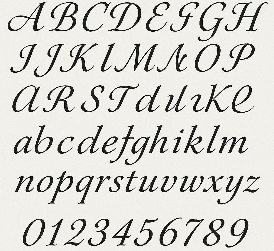 Wedding calligraphy number and letter chart.